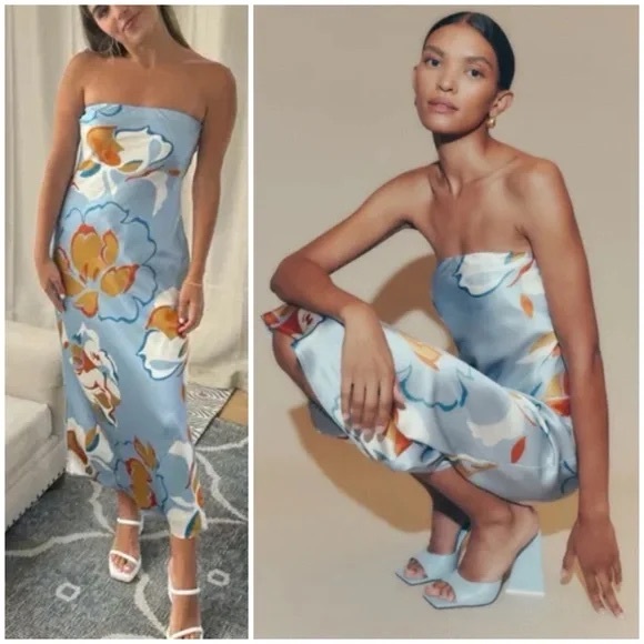 Reformation Dresses & Skirts - Reformation 2 Joanne Strapless Silk Dress in Hyperion Blue Floral